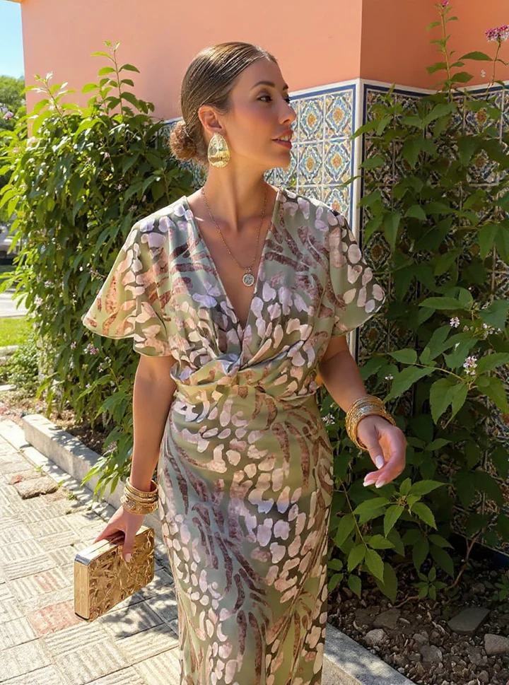 Higinia™ | Abito Midi Stampato in Toni Rame
