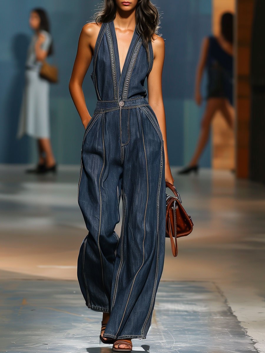 Silvana | Tuta Denim Senza Maniche Gamba Larga