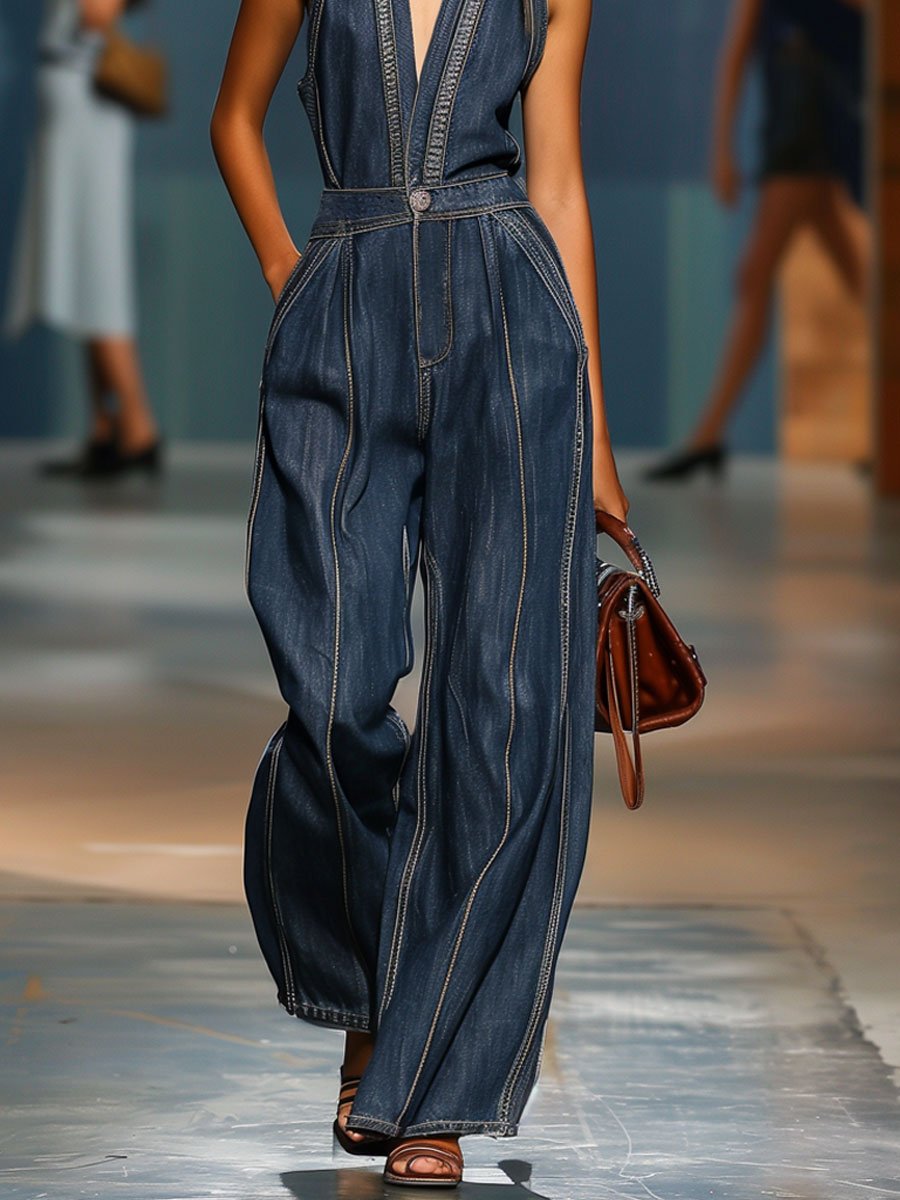 Silvana | Tuta Denim Senza Maniche Gamba Larga