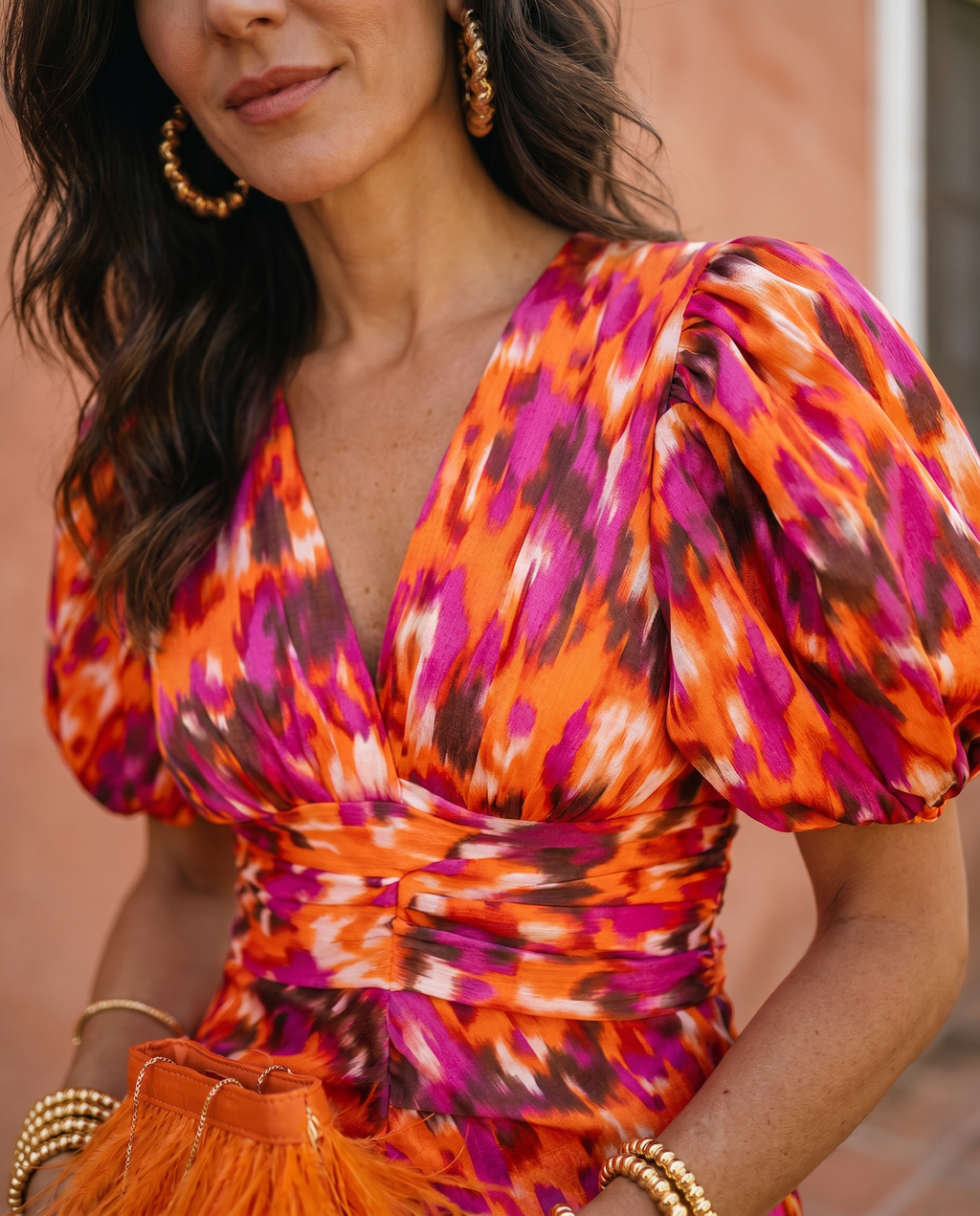 Carla™ | Vestito Midi Floreale con Maniche Puff